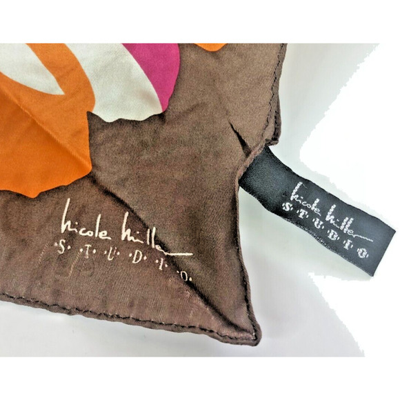 Nicole Miller Studio 100% Silk Neck Scarf Orange Brown Pink Mod Flowers 53"x11" - Picture 3 of 5